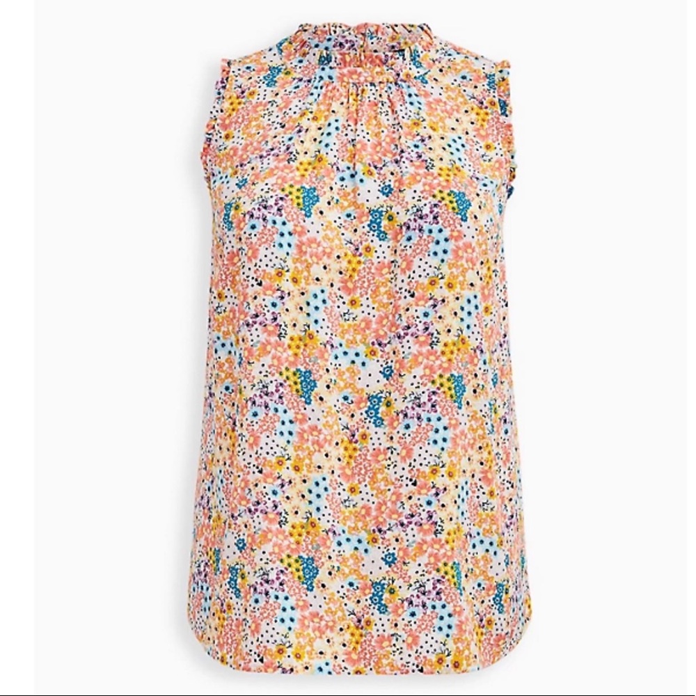 Torrid Ivory Floral Twill Ruffle Mock Neck Tank